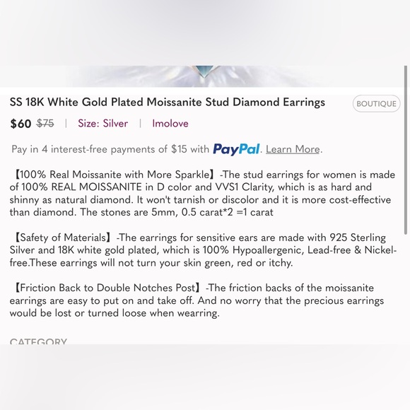 SS 18K White Gold Plated Moissanite Stud Diamond Earrings - Picture 4 of 4